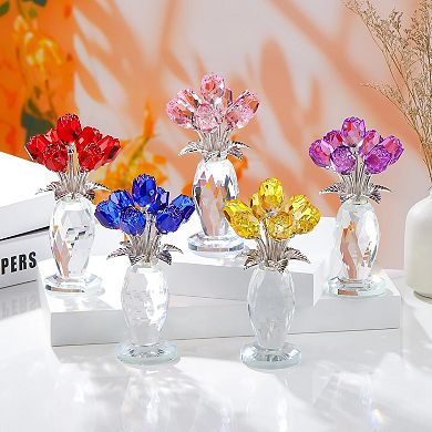 Crystal Rose Flower Figurine Vase Handmade Romantic Gift Home Decor
