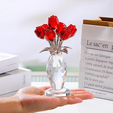 Crystal Rose Flower Figurine Vase Handmade Romantic Gift Home Decor