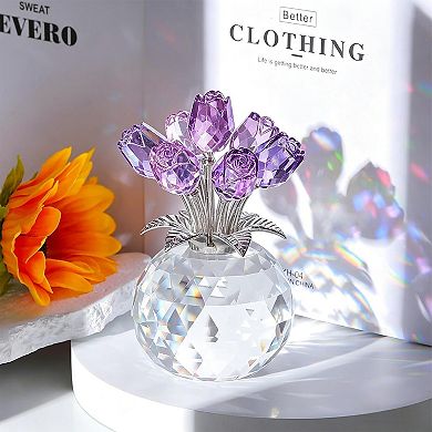 Rose Crystal Figurine Vase Bouquet Ornament Gift Decor