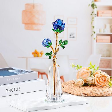 Rose Crystal Figurine Vase Bouquet Ornament Gift Home Decor