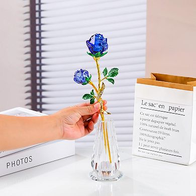 Rose Crystal Figurine Vase Bouquet Ornament Gift Home Decor