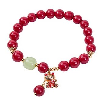 Cinnabar Lucky Cat Jade Bracelet