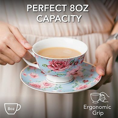 Floral-Patterned Porcelain Teacup and Saucer Set