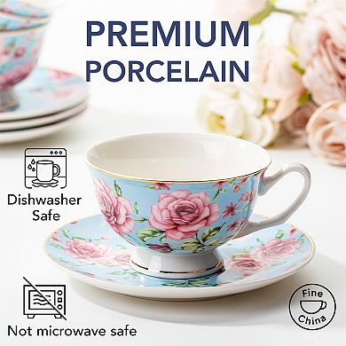 Floral-Patterned Porcelain Teacup and Saucer Set