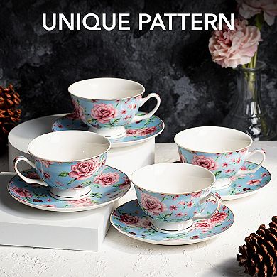 Floral-Patterned Porcelain Teacup and Saucer Set