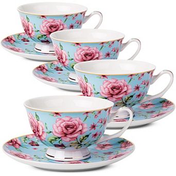 Floral-Patterned Porcelain Teacup and Saucer Set