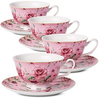 Floral-Patterned Porcelain Teacup and Saucer Set