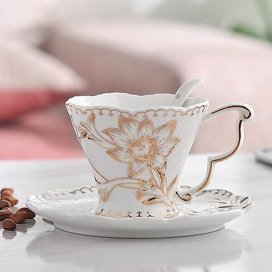 Vintage Rose Teacup Saucer Spoon Set