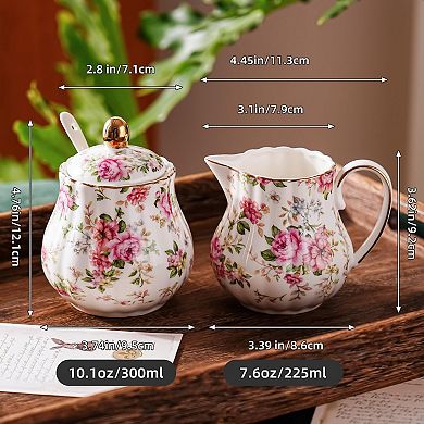 Ceramic Sugar Creamer Set Pitcher Bowl Lid Spoon