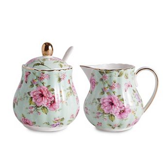 Ceramic Sugar Creamer Set Pitcher Bowl Lid Spoon