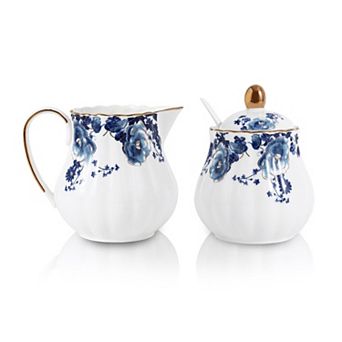 Ceramic Sugar Creamer Set Pitcher Bowl Lid Spoon