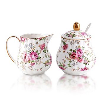 Ceramic Sugar Creamer Set Pitcher Bowl Lid Spoon
