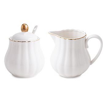 Ceramic Sugar Creamer Set Pitcher Bowl Lid Spoon