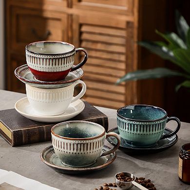 Ceramic Cup Saucer Striped Kiln Glaze