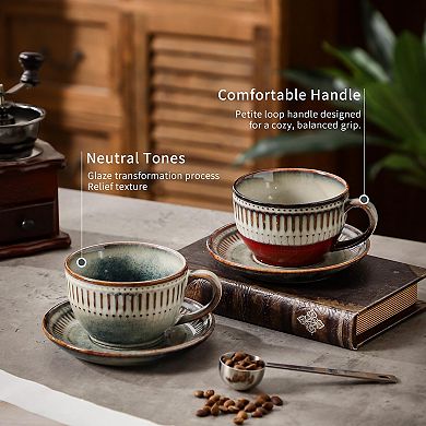 Ceramic Cup Saucer Striped Kiln Glaze