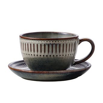 Ceramic Cup Saucer Striped Kiln Glaze