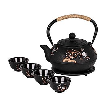 Cast Iron Teapot Set Infuser Enameled Teacup Stove Gift