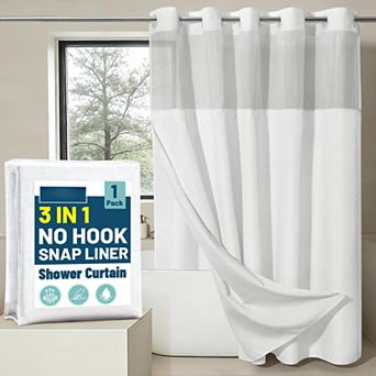 No Hook Slub Textured Shower Curtain Snap Liner Hotel Style Window