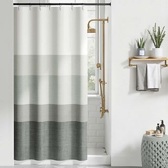 Ombre Striped Waterproof Shower Curtain With Hooks