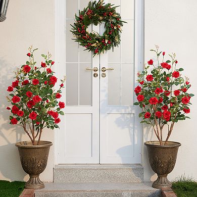 2-Pack UV-Resistant Artificial Rose Tree - Realistic Silk Flowers for Indoor & Outdoor Home Decor