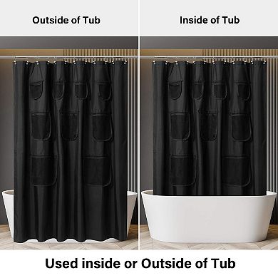 Waterproof Fabric Shower Curtain Mesh Pockets