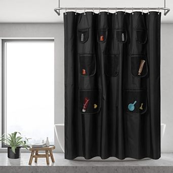 Waterproof Fabric Shower Curtain Mesh Pockets