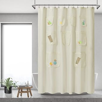 Waterproof Fabric Shower Curtain Mesh Pockets