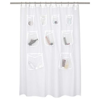 Waterproof Fabric Shower Curtain Mesh Pockets