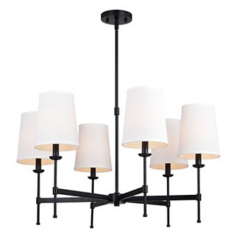 Camden 6 Light Matte Black Chandelier Fixture White Fabric Linen Shade