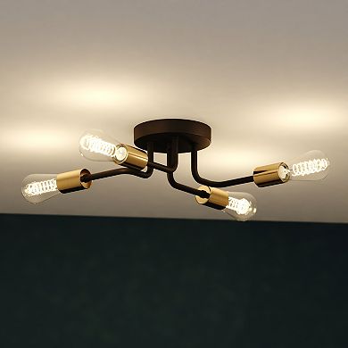 Rhine Matte Black and Gold Brass Industrial Semi Flush Mount Ceiling Light