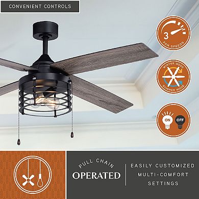Rowan Matte Black Industrial 52-in. Ceiling Fan with LED Cage Light Kit