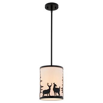 Acadia Bronze Rustic Mini Pendant Ceiling Light White Linen Shade Deer and Tree