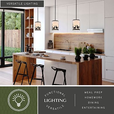 Acadia Bronze Rustic Mini Pendant Ceiling Light White Linen Shade Deer and Tree