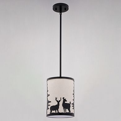 Acadia Bronze Rustic Mini Pendant Ceiling Light White Linen Shade Deer and Tree