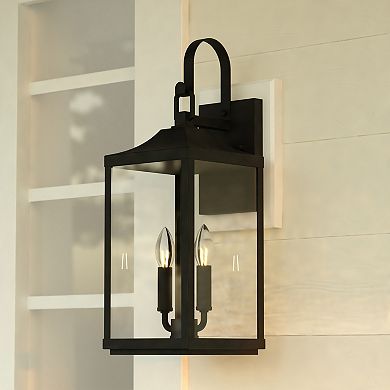 Old Town 2 Light Textured Black Transitional Outdoor Wall Lantern Clear Glass