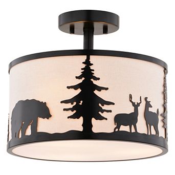 Acadia 13 in W Bronze Rustic Semi Flush Ceiling Light White Linen Deer Tree