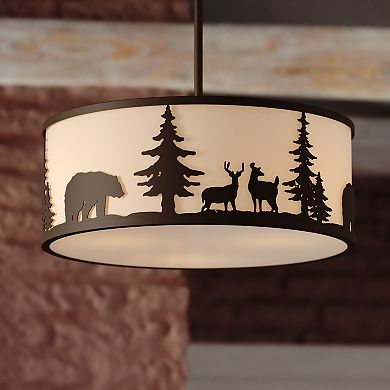 Acadia 3L Bronze Rustic Pendant Light White Linen Bear Deer Tree