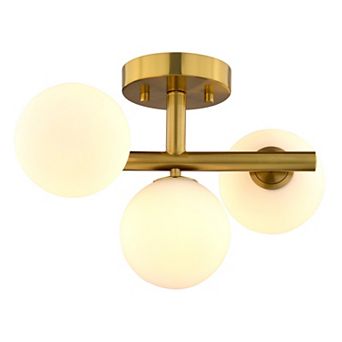 Graham 13 in W Gold Brass Semi Flush Ceiling Light Fixture White Frosted Globes