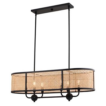 Berens Matte Black Farmhouse Chandelier Island Pendant Light Fixture Rattan Cane