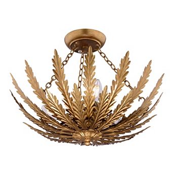 Ozette 18 in W Gold Semi Flush Mount Ceiling Light Fixture with Leaf Motif