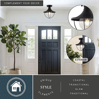 Dunlap Textured Black Coastal Outdoor Flush Mount Ceiling Light Clear Glass