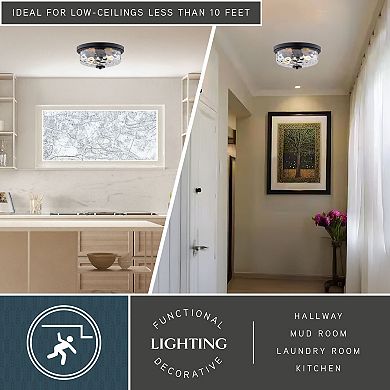 Northlake 2-Light Black Transitional Dome Flush Mount Fixture, Clear Glass Shade