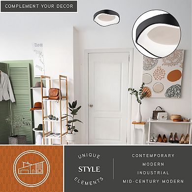 Bowen 1-Light Textured Black Modern Round LED Flush Mount Fixture, White Shade