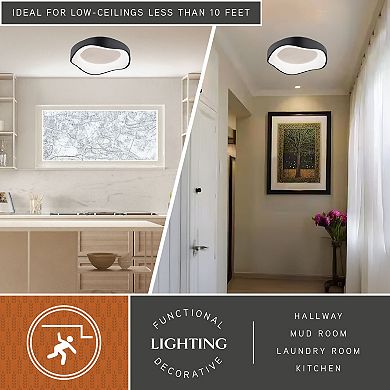 Bowen 1-Light Textured Black Modern Round LED Flush Mount Fixture, White Shade