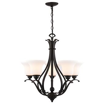 Monrovia 5-Light 26 in Wide Oil Rubbed Bronze Chandelier, Etched White Glass Shade, Ceiling Fixture