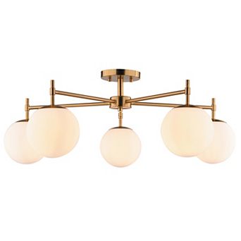 Armitage 5-Light 32 in Wide Brass Gold Mid-Century Modern Globe Semi Flush Mount Lighting Fixture