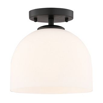 Shelby 1-Light 9.25 in Wide Matte Black Semi Flush Mount Lighting Fixture, Frosted White Opal Glass