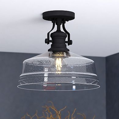 Beloit 1-Light 12 in. Wide Matte Black Dome Semi Flush Mount Lighting Fixture, Clear Seeded Glass