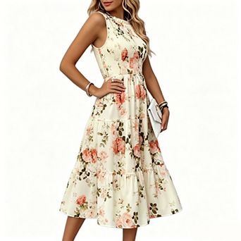 Women's Sleeveless Mock Neck Smocked Waist Floral Print Tiered Midi Sundress