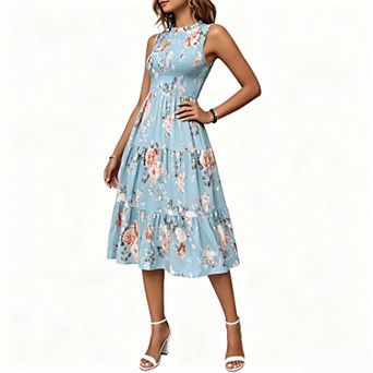 Women's Sleeveless Mock Neck Smocked Waist Floral Print Tiered Midi Sundress